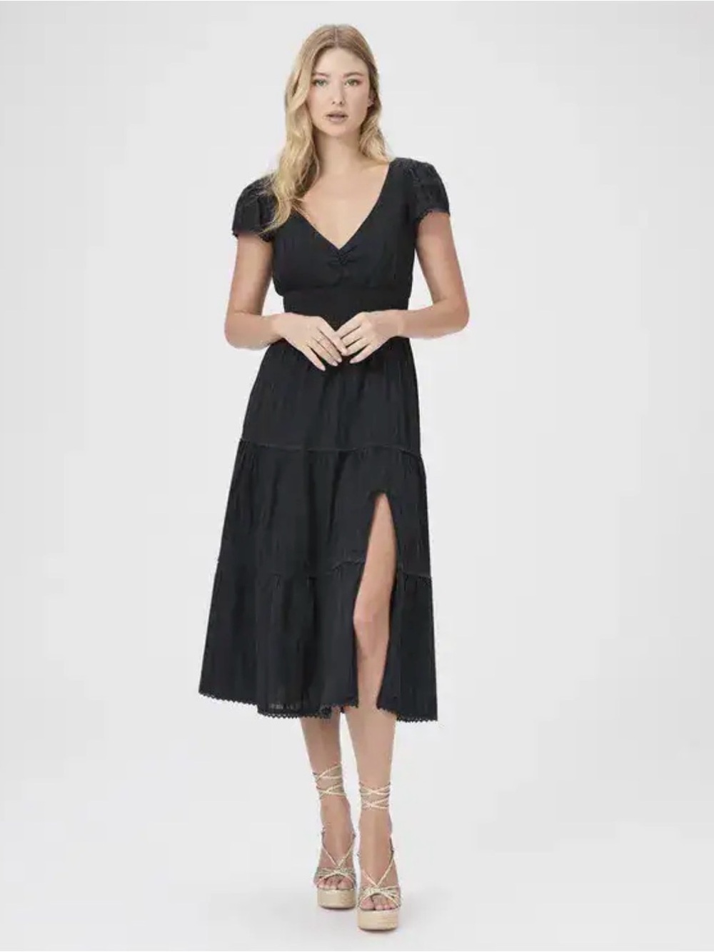 PAIGE Soledad Dress Black – Smocked Waist Tiered Midi (XS)